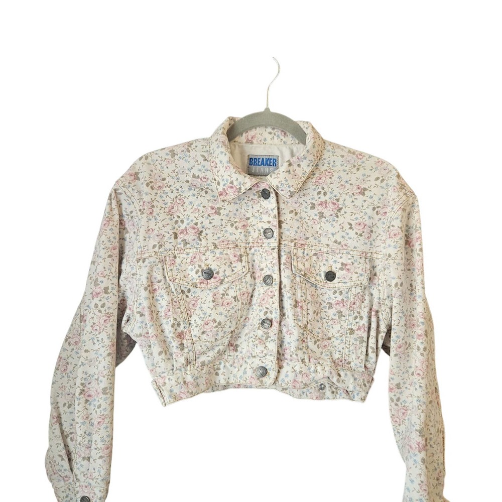 VINTAGE Floral Cropped Jean Jacket by Breaker Jeans Womens size Small